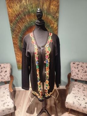 Jeremy Scott Black Cardigan with Multicolor Beaded Trim